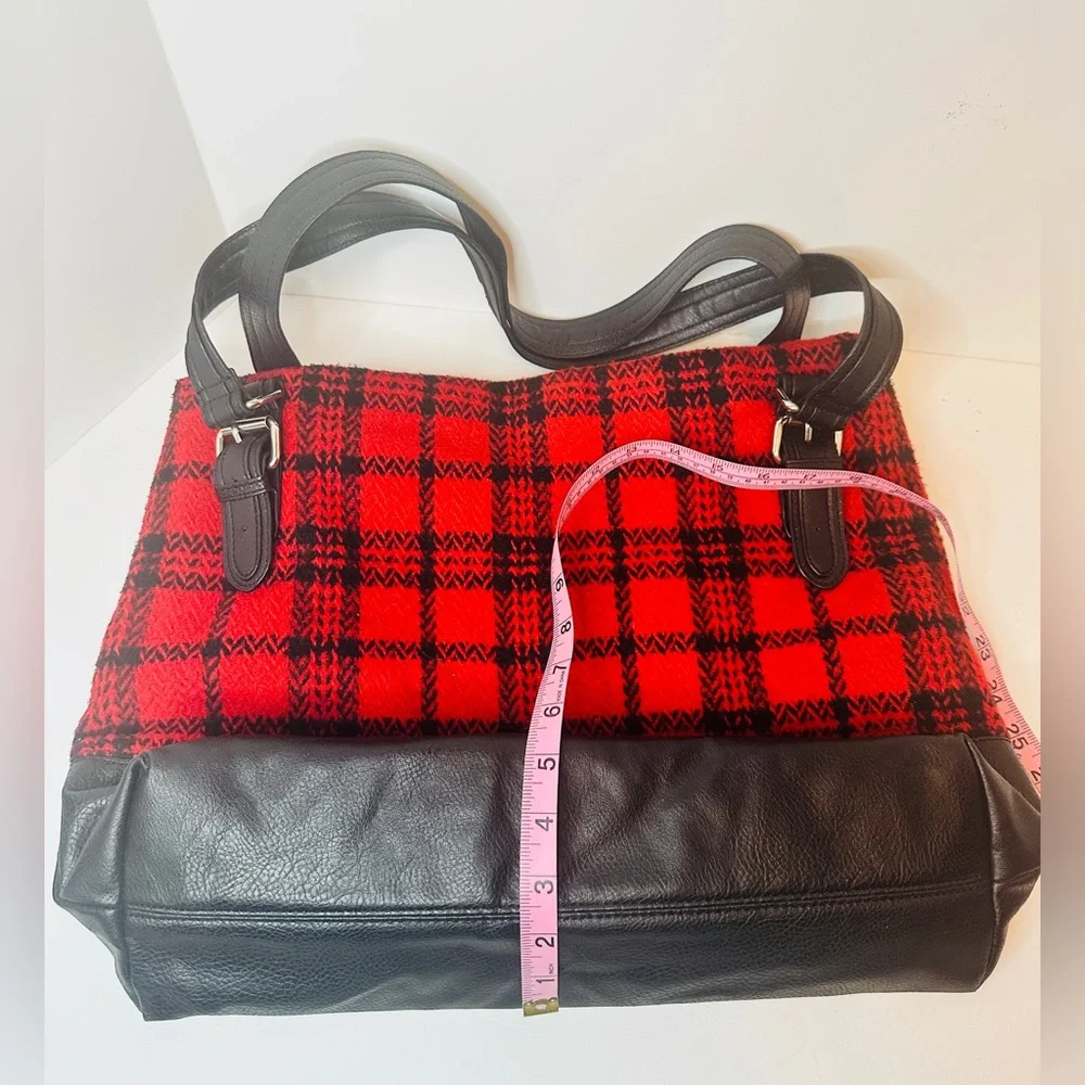 BUENO Large Red and Black Buffalo Plaid Flannel and Black Vegan Leather Tote Bag